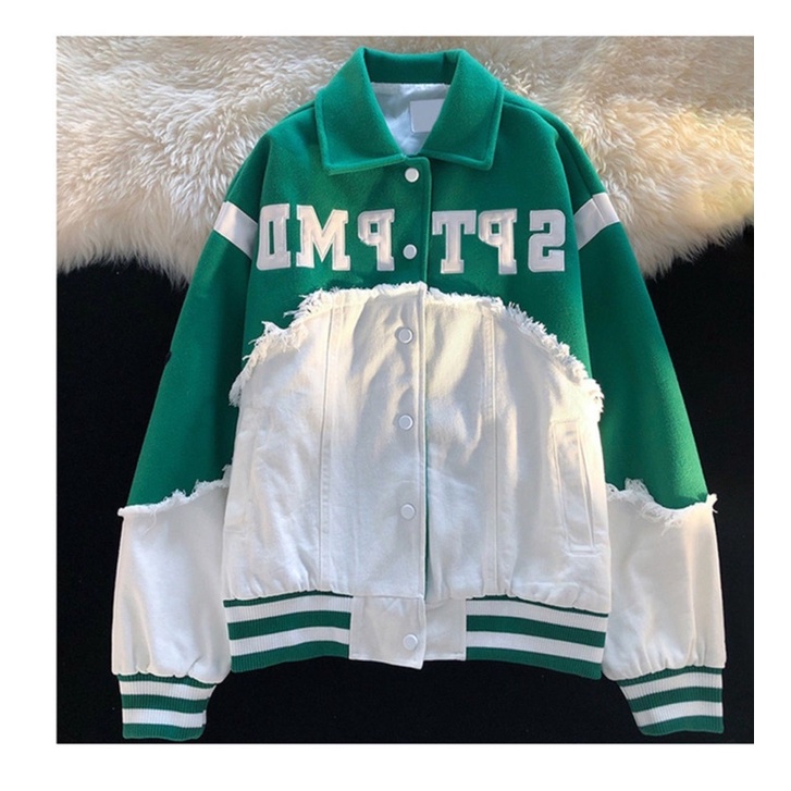 Áo khoác Varisity,Áo khoác bóng chày dạ phối jeans hoạ tiết thêu phong cách retro thời trang nam nữ
