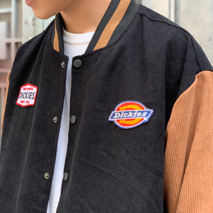 Áo Khoác Bomber Jacket Varsity Dickies Đen nâu - Form rộng oversize - Chất liệu nhung tăm cao cấp.