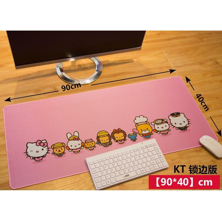 Lót Chuột Hello Kitty &amp; Friend Đế Cao Su Chống Trơn, Pad Chuột Hồng Khâu Viền Chắc Chắn Kích Thước 80x40cm