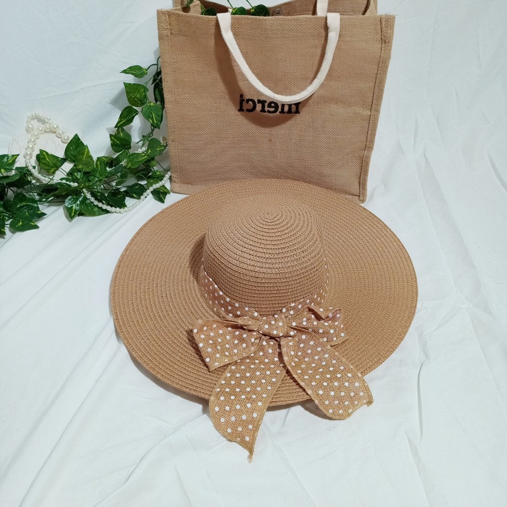 Nón cói/mũ cói nữ đi biển vành rộng phối nơ chấm bi sang chảnh hình chụp thật-vành rộng chấm bi