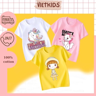 [MÃ QUANVIETK GIẢM 10K] Áo Thun bé gái, Áo Phông ngắn tay bé gái hình mèo, unicorn, báo hồng, chất liệu 100% Cotton