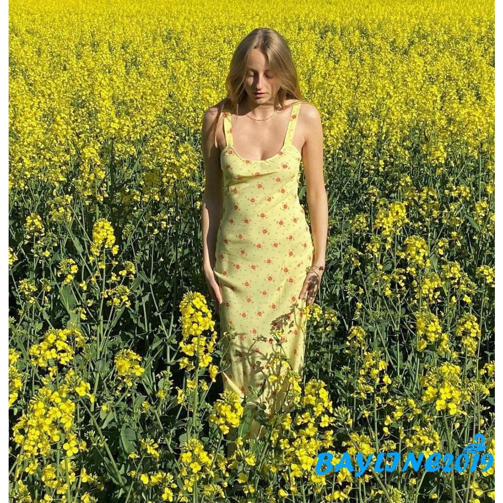 Đầm không tay Cổ Chữ U In Hoa Gợi Cảm (Màu Vàng, Đen)