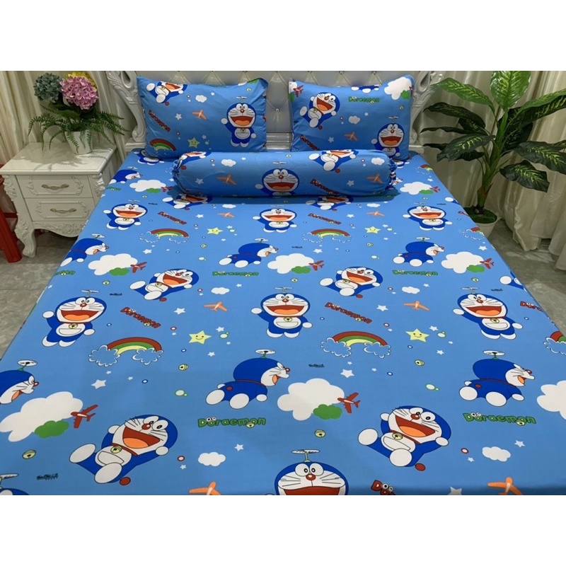 Bộ Drap thun Hàn quốc 4 món mẫu hoạt hình Đoraemon cho bé