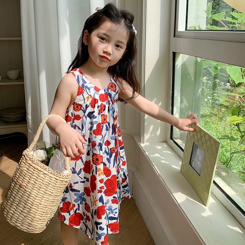 Se7en Đầm Công Chúa Mùa Hè Hai Dây Eo Phồng In Họa Tiết Hoa Phong Cách Hàn Quốc Cho Bé Gái