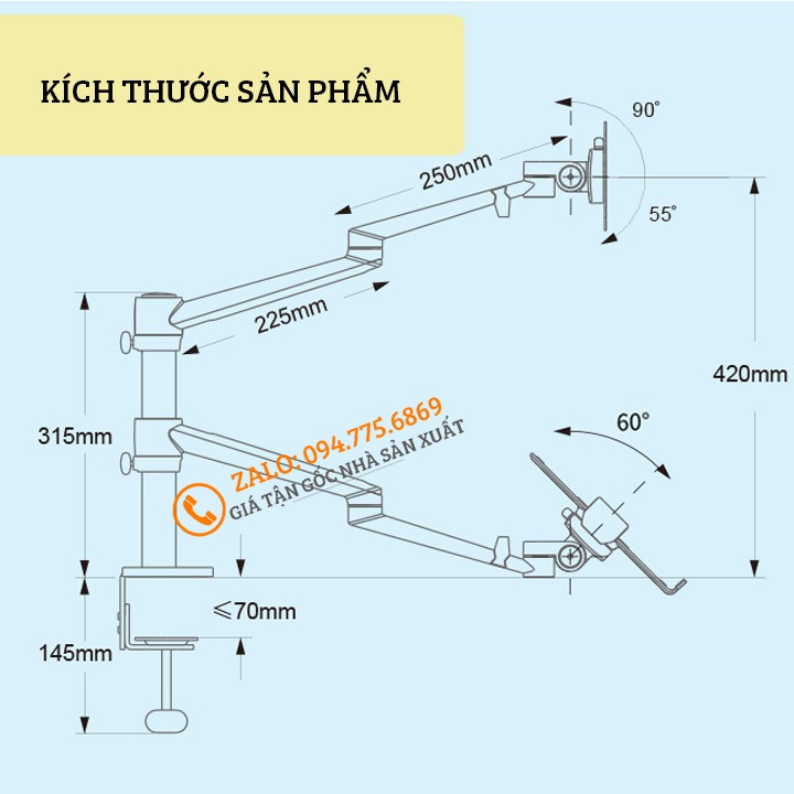 Giá Treo Màn Hình OL-3L 15 - 32 Inch Kèm Kệ Đỡ Laptop - Macbook - Ipad 11 - 17.2 Inch - Hợp Kim Nhôm Cao Cấp