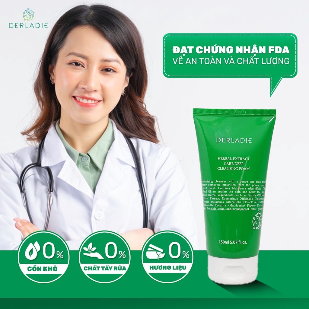 Sữa Rửa Mặt Tràm Trà Sạch Sâu, Kiềm Dầu Derladie Herbal Extract Care Deep Cleansing Foam 150ml