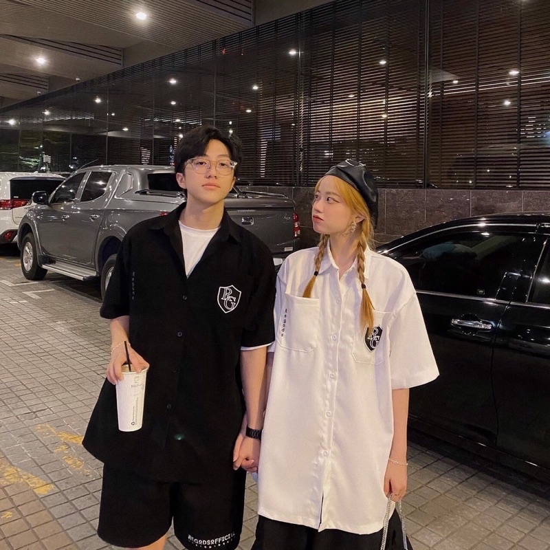 Áo sơ mi unisex nam nữ trắng đen RG tay lỡ form rộng kiểu dáng basic cá tính, áo sơ mi nam nữ mùa hè