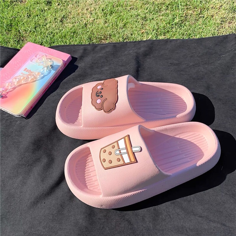 Dép bánh mì hoạt hình gấu và trà sữa dễ thương cho nữ  đế cao chống trơn trượt kèm ảnh thật