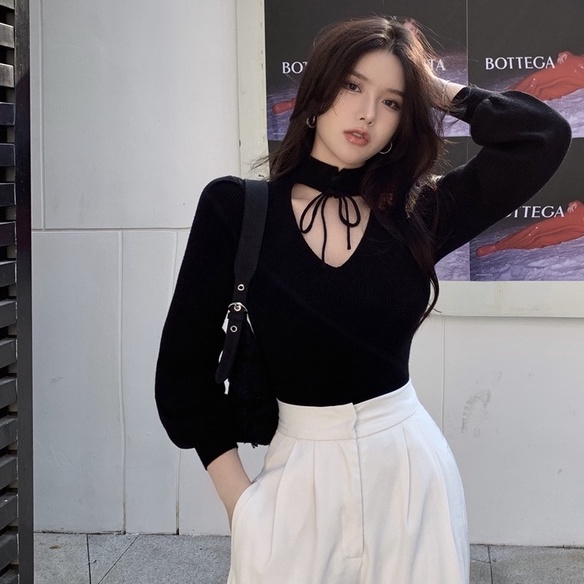 Áo sweater dệt kim ZHELIHANGFEI cổ V tay phồng gợi cảm thời trang cho nữ