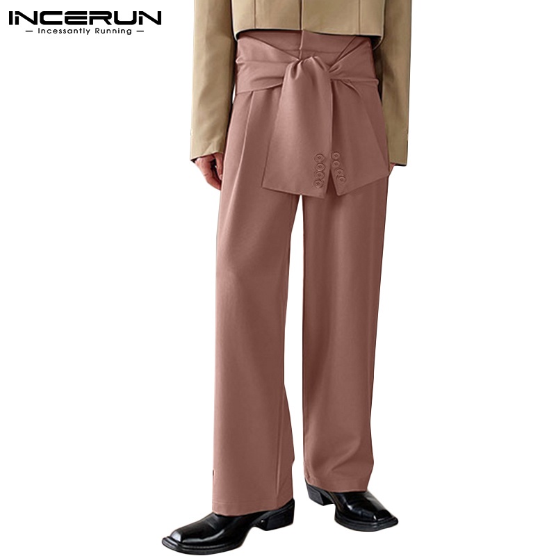 Quần dài INCERUN phối dây buộc màu trơn ống suông rộng thời trang thường ngày dành cho nam