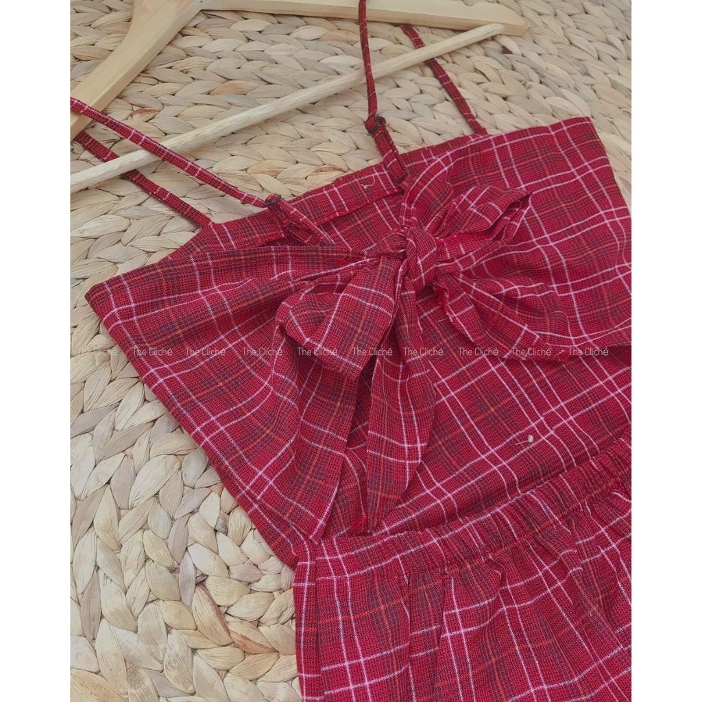 Váy hai dây caro đỏ thắt nơ lưng