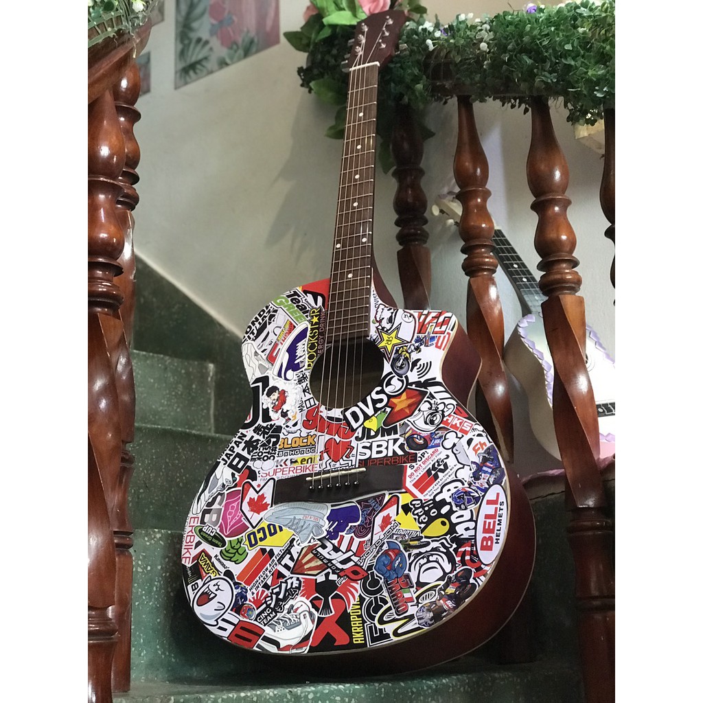 Đàn guitar acoustic trang trí sticker - Đặt mẫu theo sở thích - Tặng 6 phụ kiện kèm theo - Bảo hành 1 năm