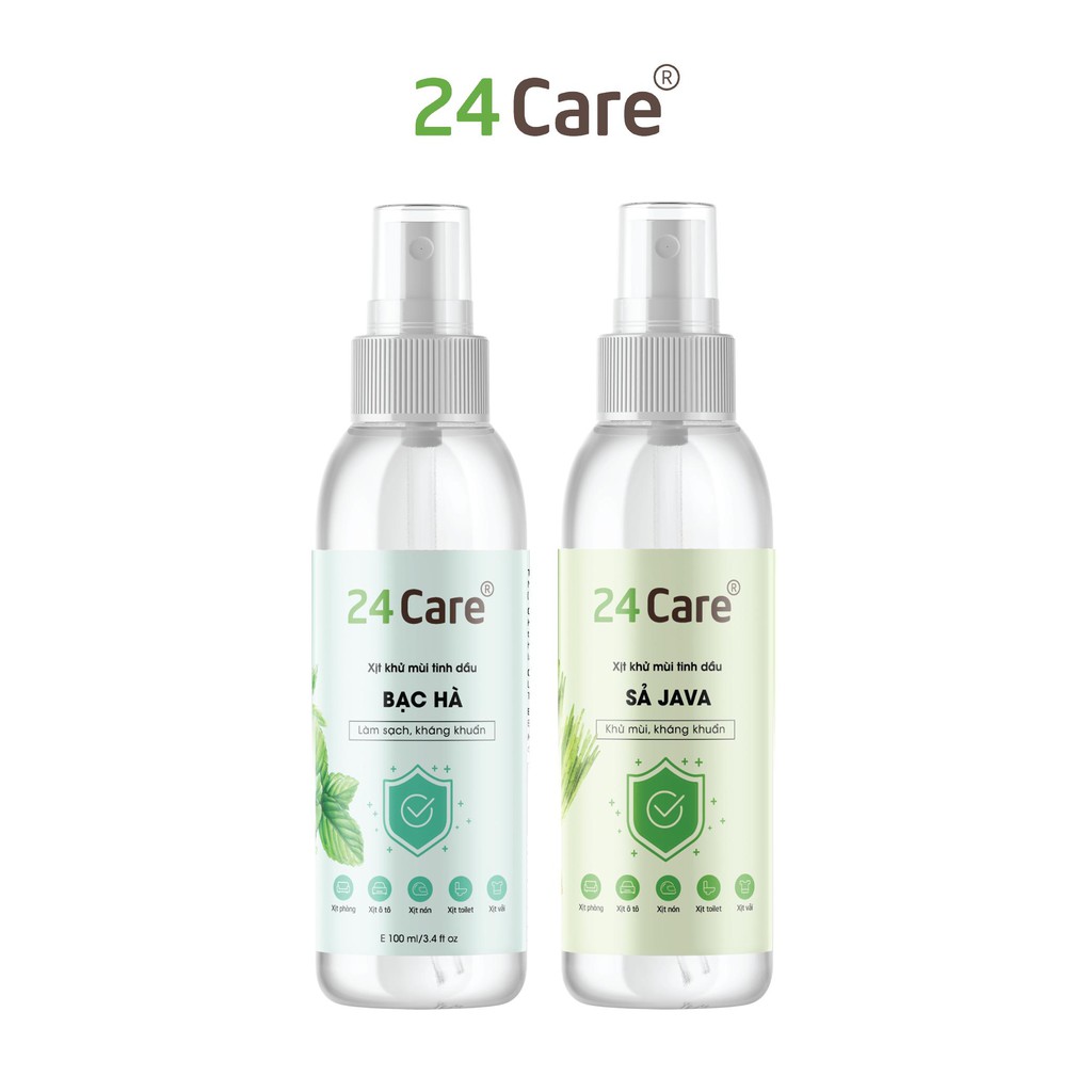 Combo 2 xịt kháng khuẩn tinh dầu Sả Java + Bạc Hà 24Care - có công bố của bộ y tế 200ml