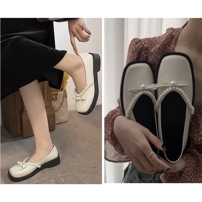 Giày búp bê nữ đính ngọc mũi vuông, giày nữ tiểu thư lolita xinh xắn đế cao 3P