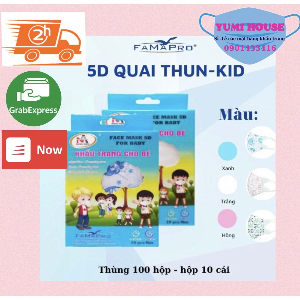 [5D BABY QUAI THUN- HỘP 10 CÁI] Khẩu trang y tế trẻ em kháng khuẩn 3 lớp Famapro 5D BABY HỌA TIẾT