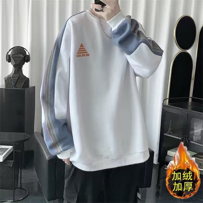 Áo sweater cổ tròn dáng rộng lót nhung phối màu phong cách hong kong thời trang mùa thu cho nam size m-4xl