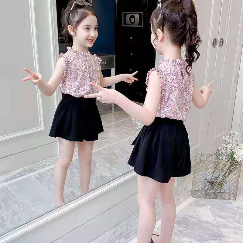 Set Áo Thun Tay Ngắn + Quần Short Vải Chiffon Thời Trang Mùa Hè Cho Bé Gái 6-7 - 9-10 - 8-4 - 5-12 Tuổi 13