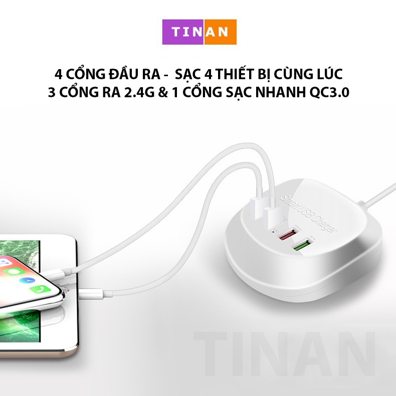 Bộ Sạc Nhanh 4 Cổng USB T3+/T3P+, QC3.0, 5V3.6A, Sạc 4 Thiết Bị Cùng Lúc