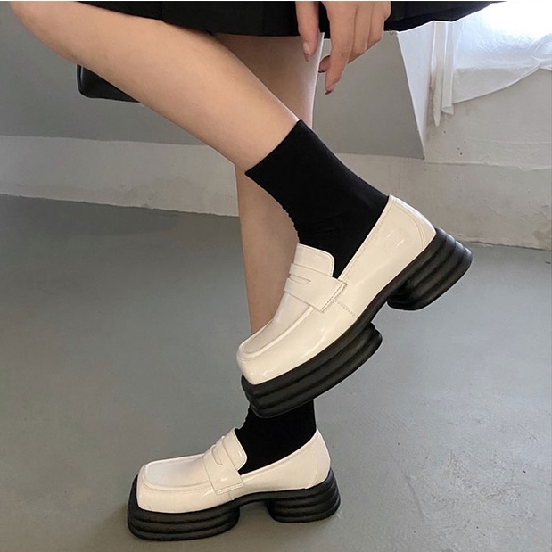 Giày loafer mũi vuông đế dày ulzzang 2021 phomg cách retro Pháp