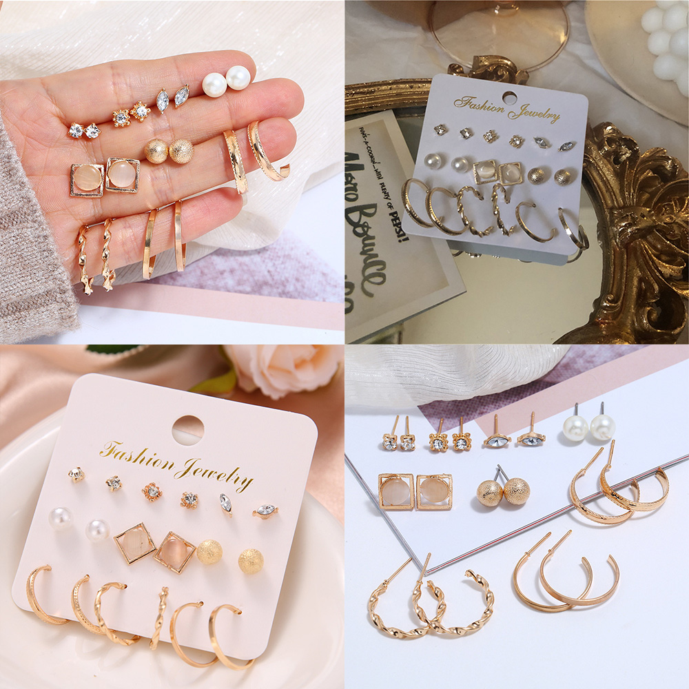 Set 9 đôi bông tai đính đá nhân ngọc trai nhân tạo thơi trang dành cho nữ