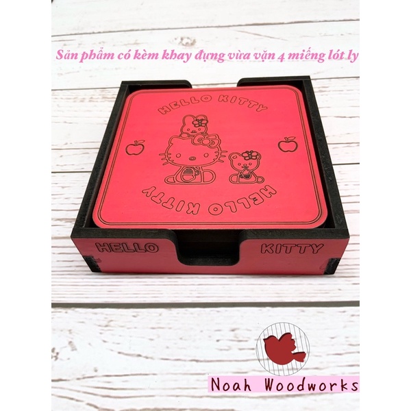 Trọn bộ 4 LÓT LY GỖ Hello Kitty_kèm khay [Set 4 Hello Kitty coasters+ 1 tray]