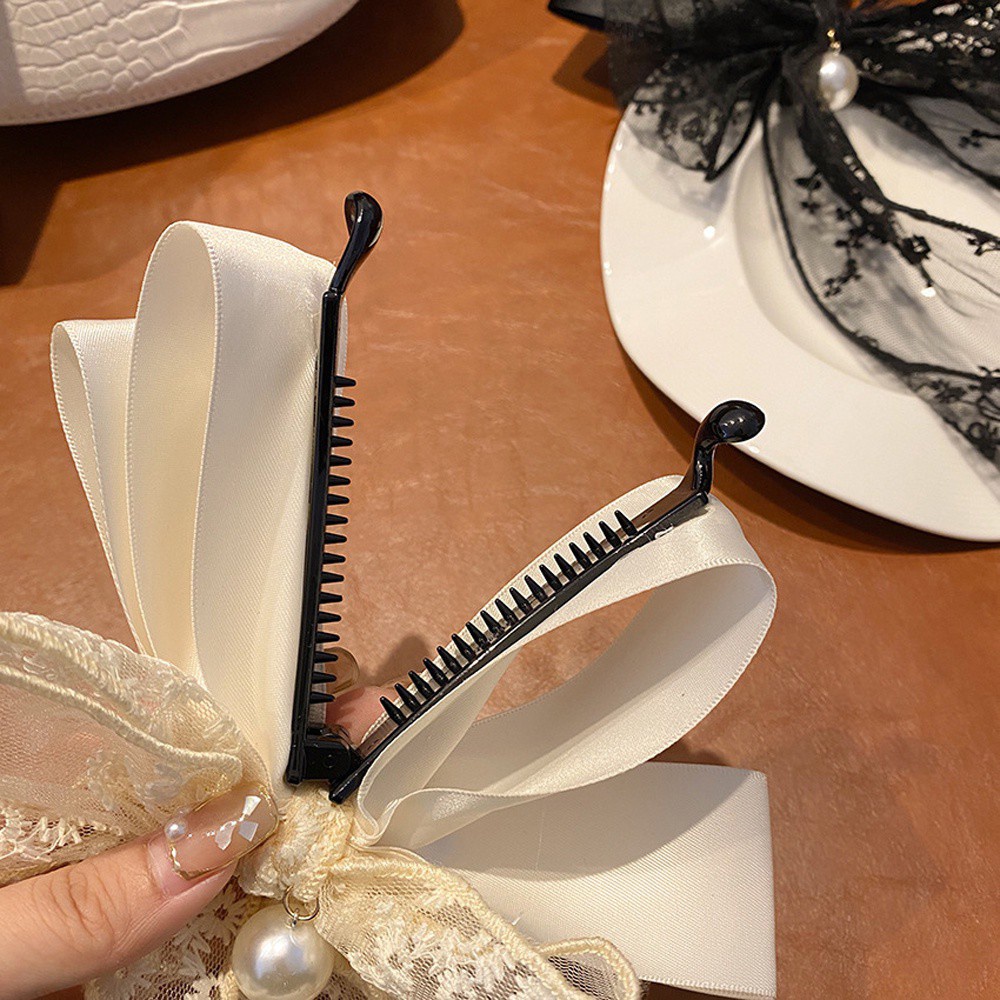 Kẹp Tóc Hình Nơ Phối Ren Đính Ngọc Trai Phong Cách Hàn Quốc