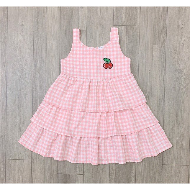 Váy đầm bé gái Annie đầm tầng caro cam ngực thêu cherry - cho bé từ 9 - 30 kg