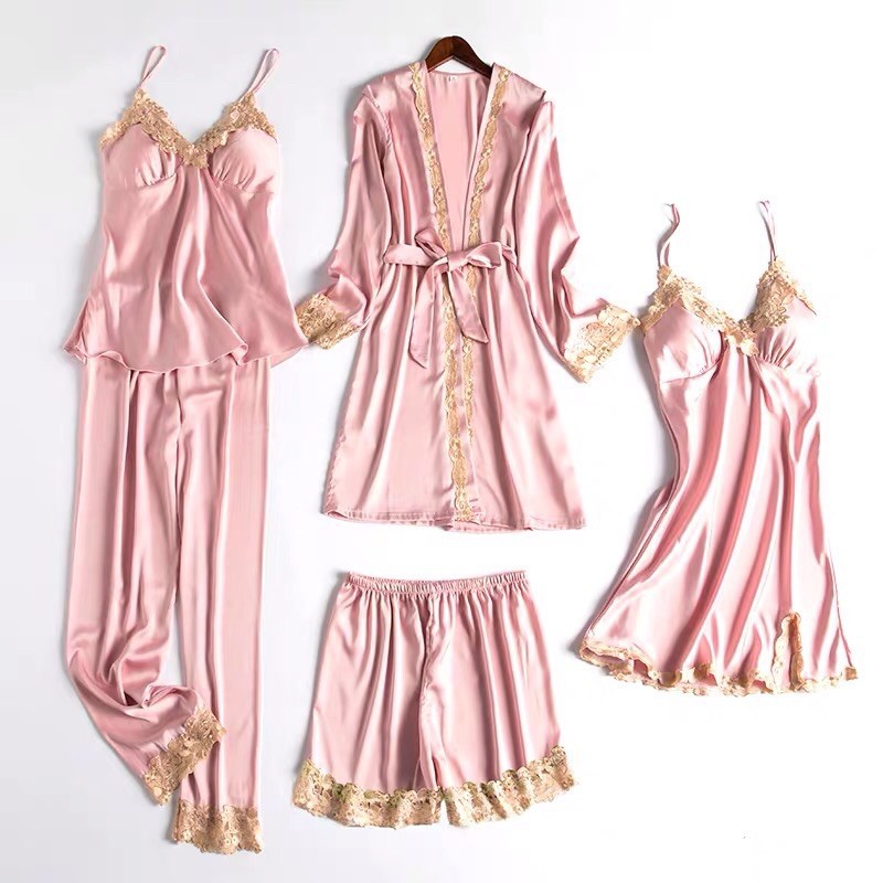 Váy Ngủ Sexy 2 Dây - Áo Choàng Ngủ KIMONO Lụa Satin Cao Cấp, Sét ngủ lụa 5 món qccc Kenshop0602
