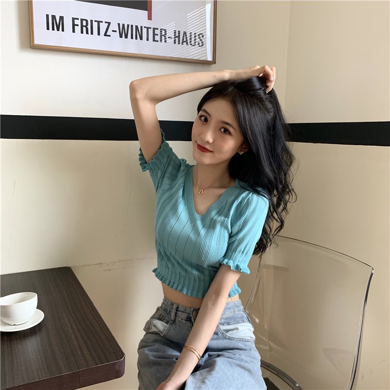 AimeiBeauty Cutout V-neck short-sleeved knitted slim croptop T-shirt | BigBuy360 - bigbuy360.vn