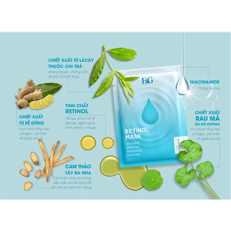 Mặt nạ tái tạo giúp trắng sáng, căng bóng và chống lão hóa Retinol Mask E&amp;G Beauty 25g (Hộp 3 Miếng) | Wings Shop