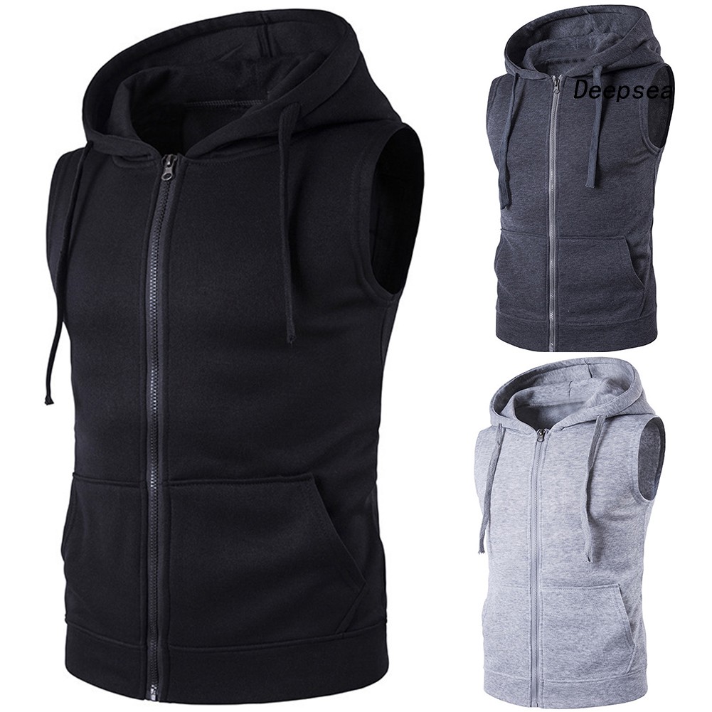 Áo khoác Hoodie sát nách màu trơn phối túi thời trang cho nam dp5