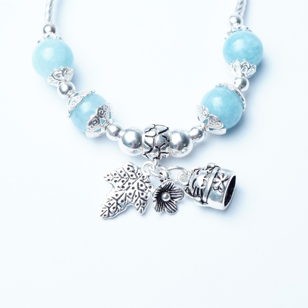 Vòng tay nữ đá thủy triều mix charm phong thủy bạc 925 cao cấp Q433