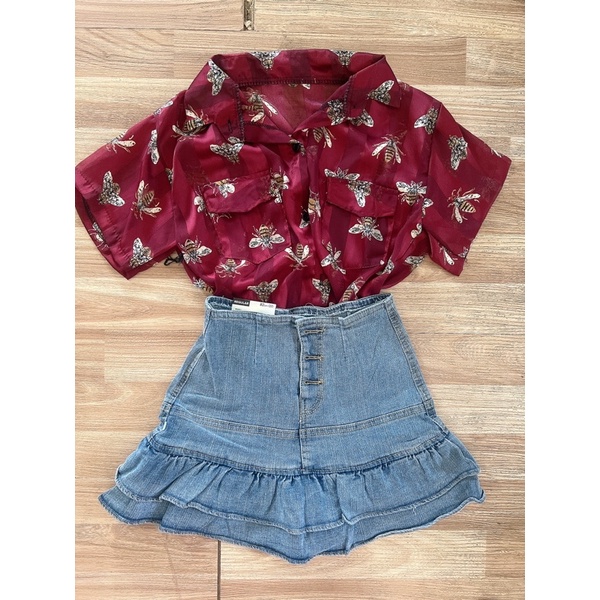 Set áo sơ mi và chân váy jean xoè tầng