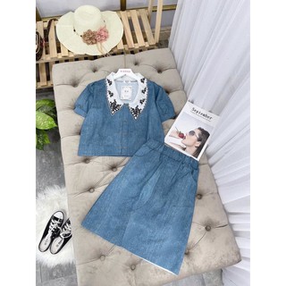 Set áo váy bò cổ thêu