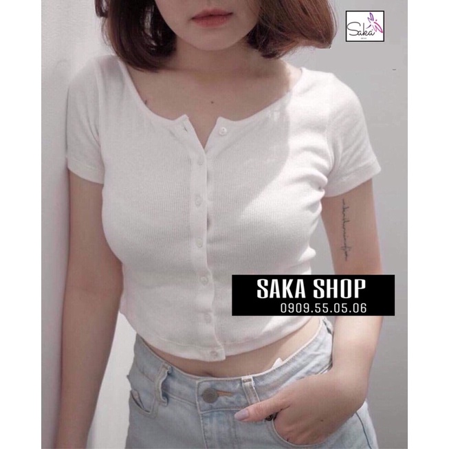 Áo croptop nữ nút trắng đen vải thun gân tăm loại xịn
