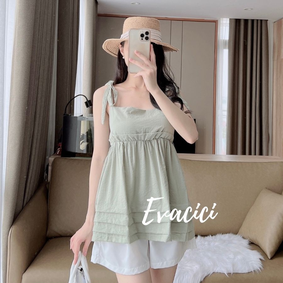 Set áo hai dây buộc nơ xốp mix quần short trắng ngây thơ - set áo 2 dây xốp trơn 4 màu thời trang nữ