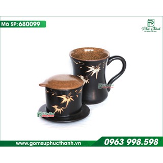 Phin cafe sứ và ly sứ men gốm khắc tre lòng nâu cafe