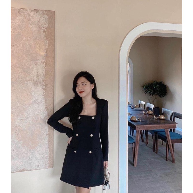 VÁY ĐEN CỔ VUÔNG 6 CÚC DÀI TAY CÁ TÍNH DÁNG VEST | BigBuy360 - bigbuy360.vn