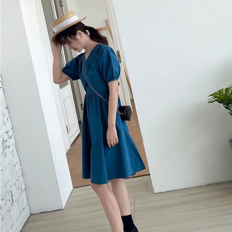 Đầm midi tay phồng cổ chữ V thắt nơ eo thời trang mùa hè xinh xắn cho nữ