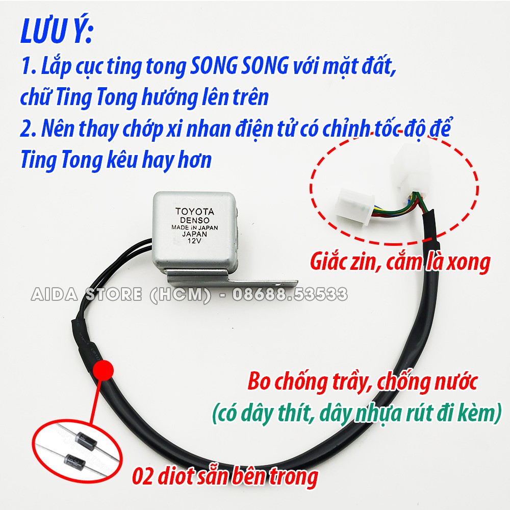 Bộ Ting Tong xi nhan sẵn giắc cho xe máy, xe điện Klara kèm dây thít, dây rút nhựa