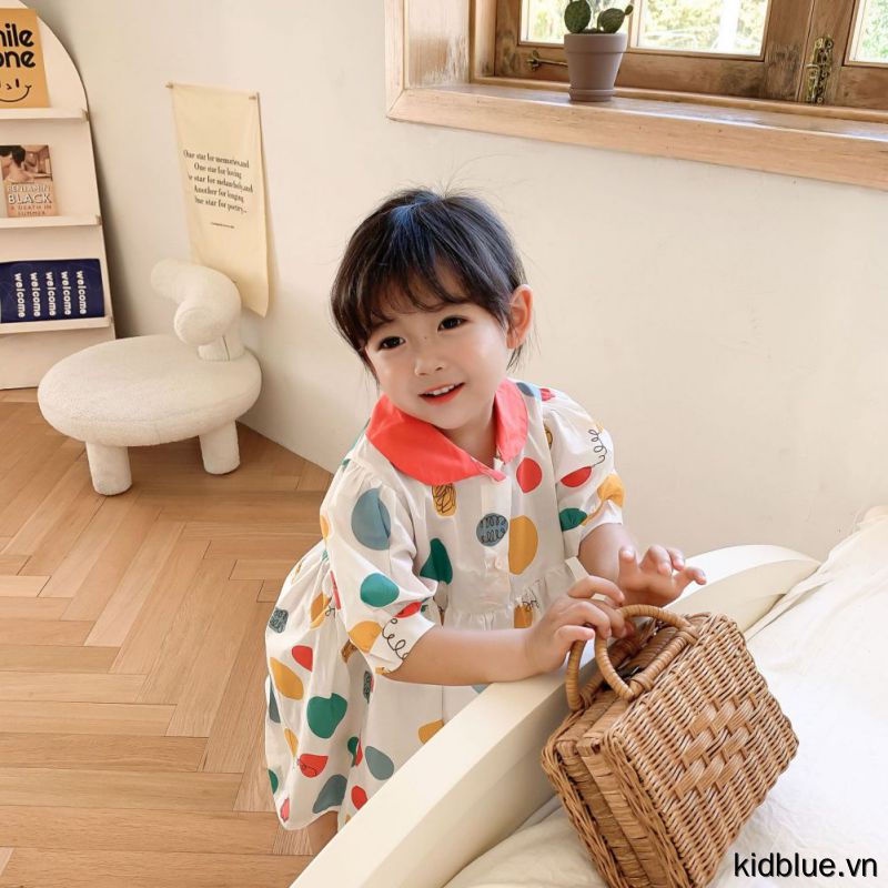 Đầm tay ngắn kiểu phồng dài ngang gối họa tiết chấm bi nhiều màu ngọt ngào cho bé gái