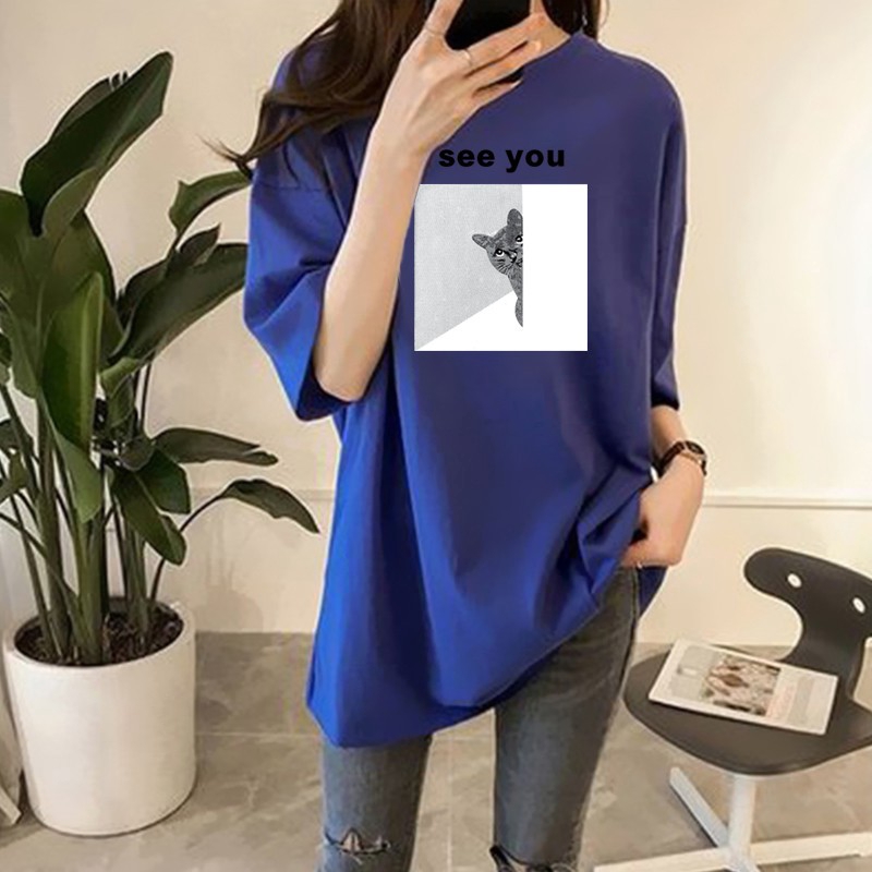 NRVP Áo thun nữ tay ngắn dáng rộng cổ tròn in hình hài hước thời trang mùa hè