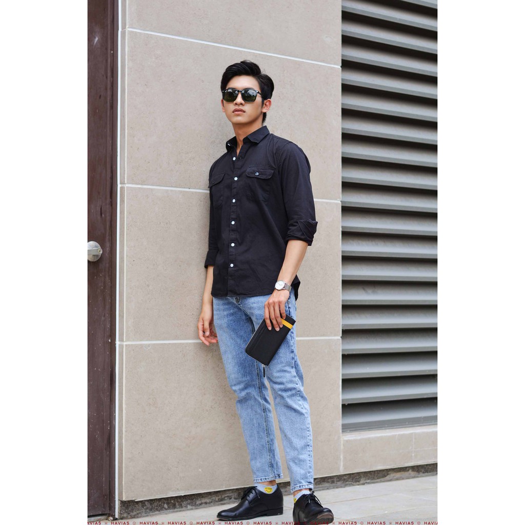 Sơ mi nam tay dài Havias có 2 túi màu đen vải Cotton 100% cao cấp