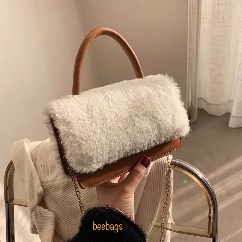 Túi Da Phối Lông Nữ Cầm Tay Dây Xích Sang Chảnh Phù Hợp Mọi Outfit | LC08 | Túi Nâu Kết Hợp Lông Sang Trọng Đi Chơi