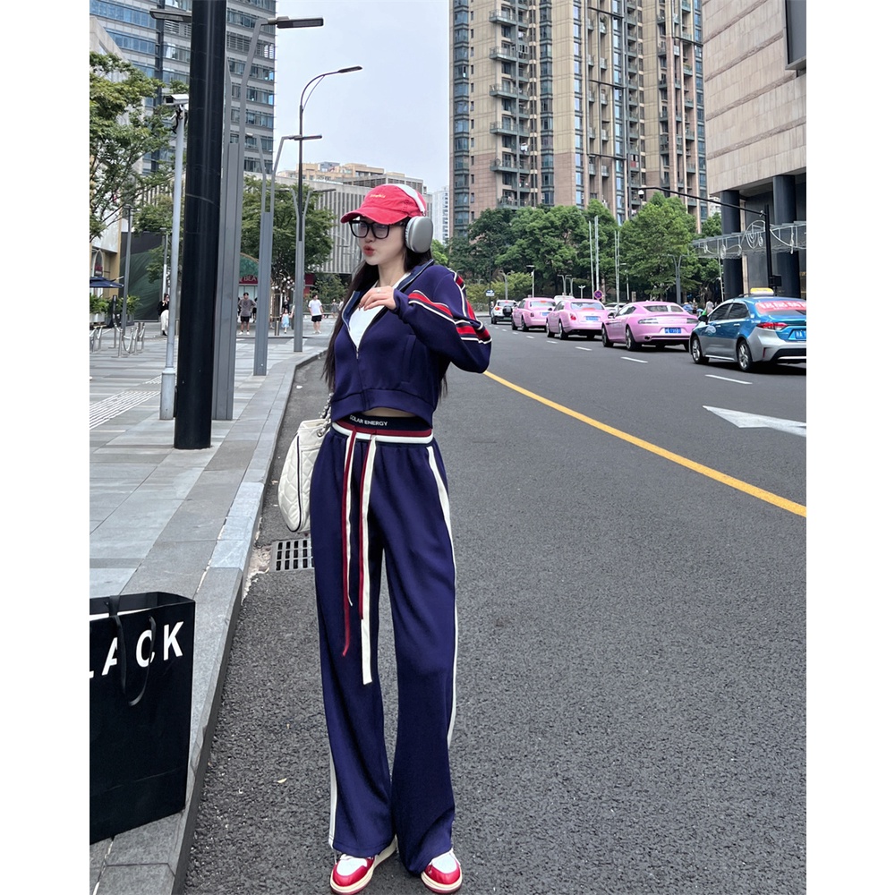 Áo Khoác Tay Dài Có Khóa Kéo + Quần Thể Thao Dáng Rộng Năng Động Hợp Thời Trang