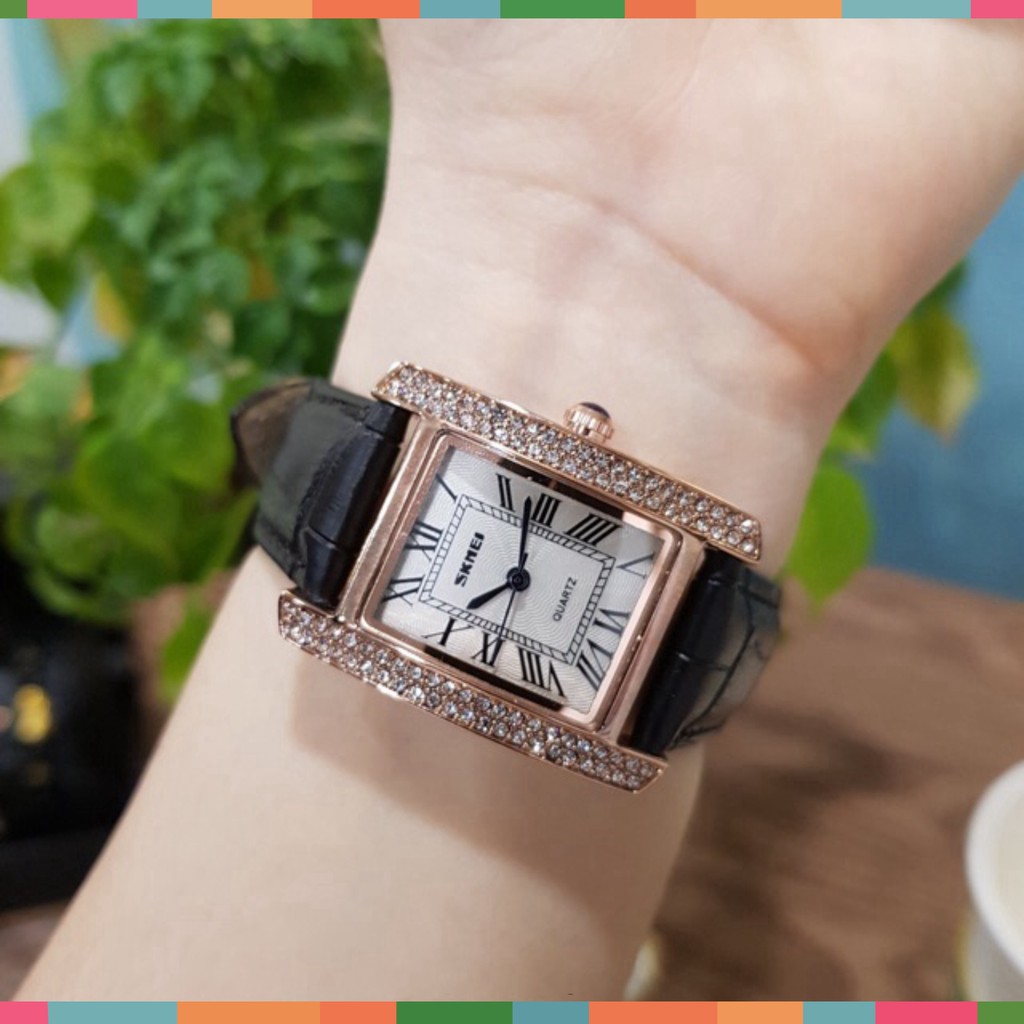 Đồng hồ nữ dây da SKMEI quyến rũ đồng hồ nữ mặt vuông đính đá dây da chính hãng chống nước Tony Watch 68