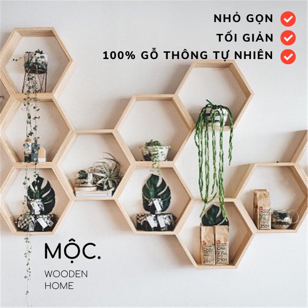 Kệ Trang Trí Tường Lục Giác/ Kệ Tổ Ong 6 Cạnh / Size 40cm x 9cm - Mộc. Home