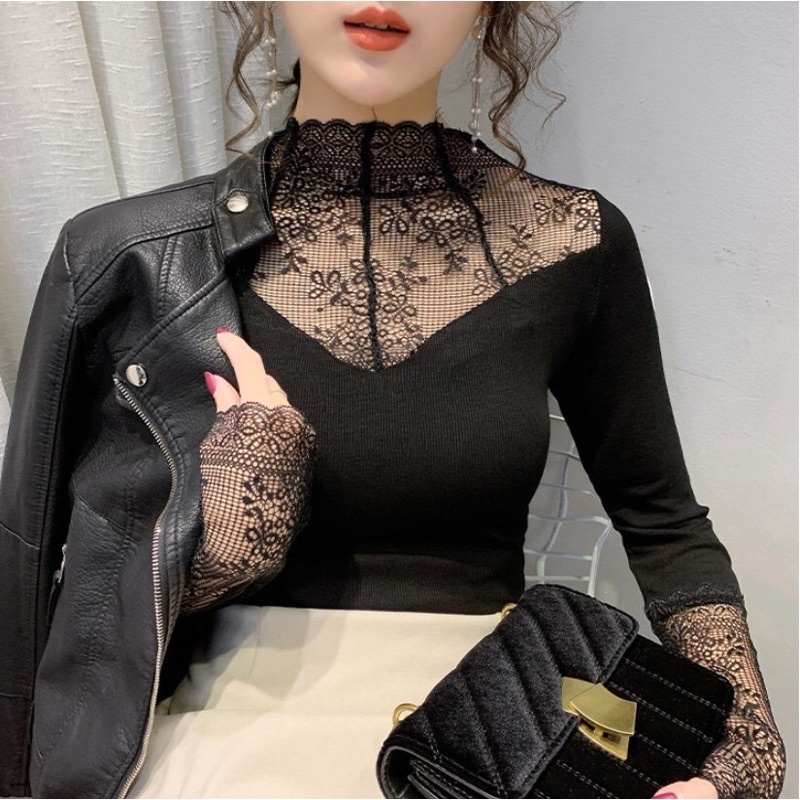 Áo giữ nhiệt lót lông phối ren họa tiết siêu đẹp, Áo giữ nhiệt nữ len tăm siêu ấm siêu xinh AG99