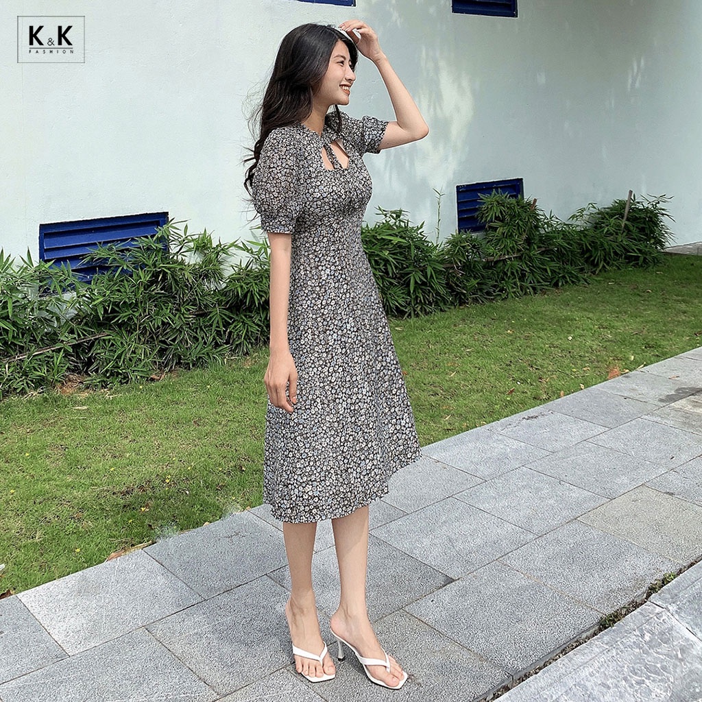 Đầm Hoa Dáng Chữ A Cổ Cut Out Phối Nơ K&K Fashion KK112-22 Chất Liệu Châu Toan