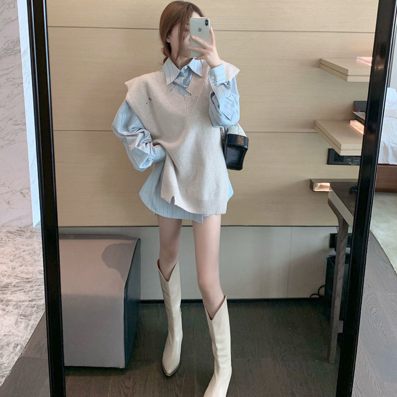 Set Áo Sơ Mi Dài Tay + Áo Khoác Len Không Tay Thời Trang Dành Cho Nữ | BigBuy360 - bigbuy360.vn